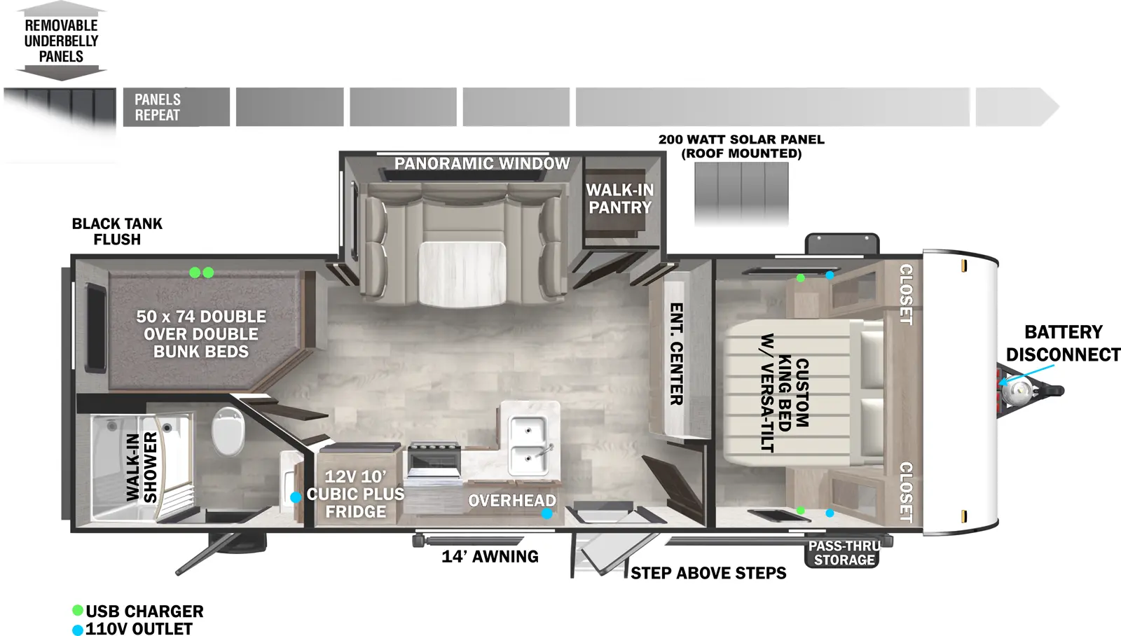 The X-Lite Northwest 241BHXL floorplan has two entries and one slide out. Exterior features include: metal or fiberglass exterior, 18' awning and outside kitchen. Interiors features include: bunk beds, u-dinette and front bedroom.